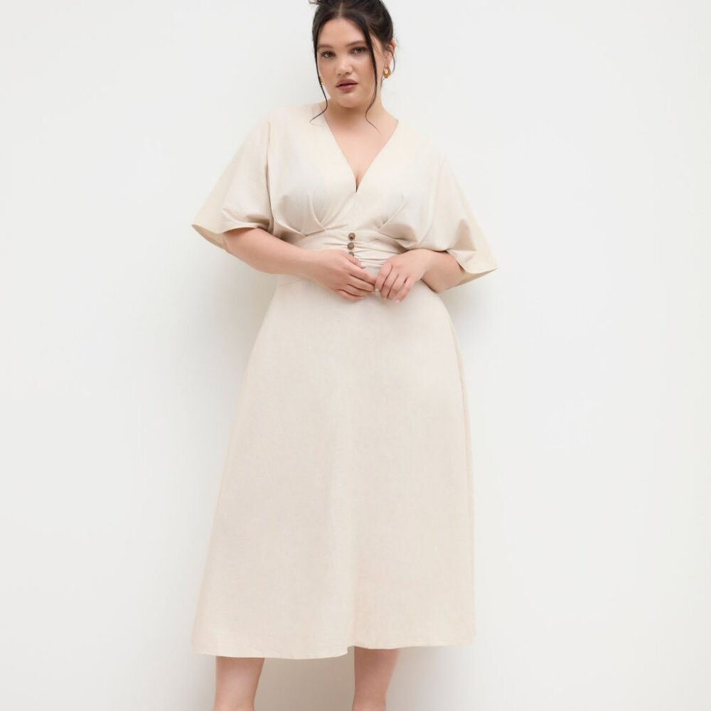 3XL Cider - Linen-blend V-neck Ruffle Ruched Midi Dress Curve & Plus